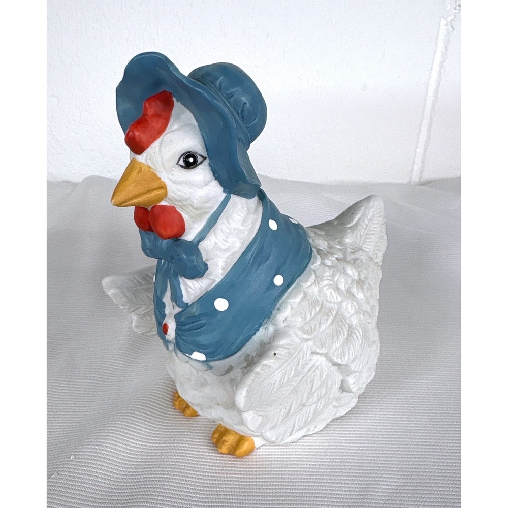 Vintage Ceramic Chicken Figurine White Hen Blue Bonnet Polka Dot Scarf Farmhouse